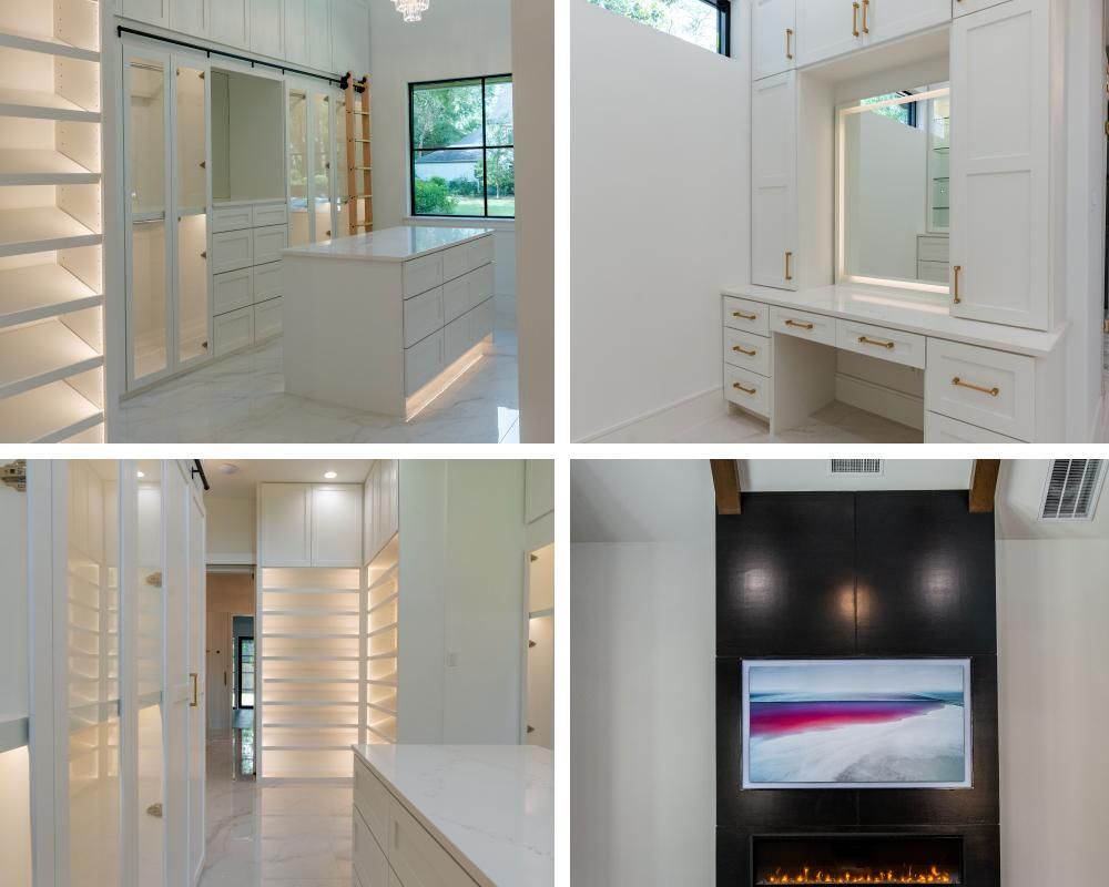 A collage of four pictures of a house with white cabinets and a fireplace.