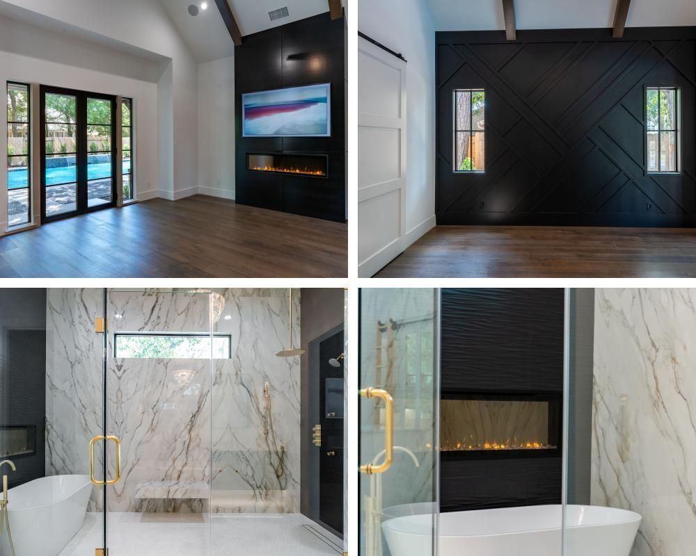 A collage of four pictures of a bathroom and living room