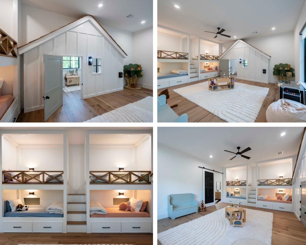 A collage of four pictures of a bedroom with bunk beds.