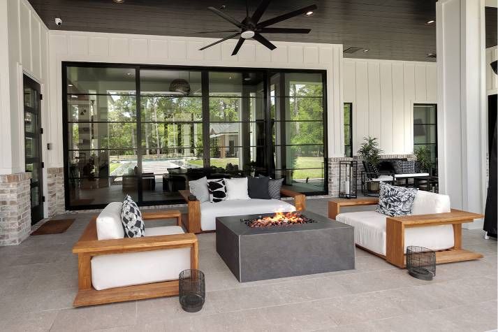 There is a fire pit in the middle of the patio.