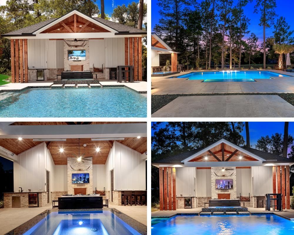 A collage of four pictures of a house with a swimming pool