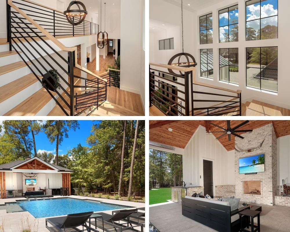 A collage of four pictures of a house with a pool and stairs