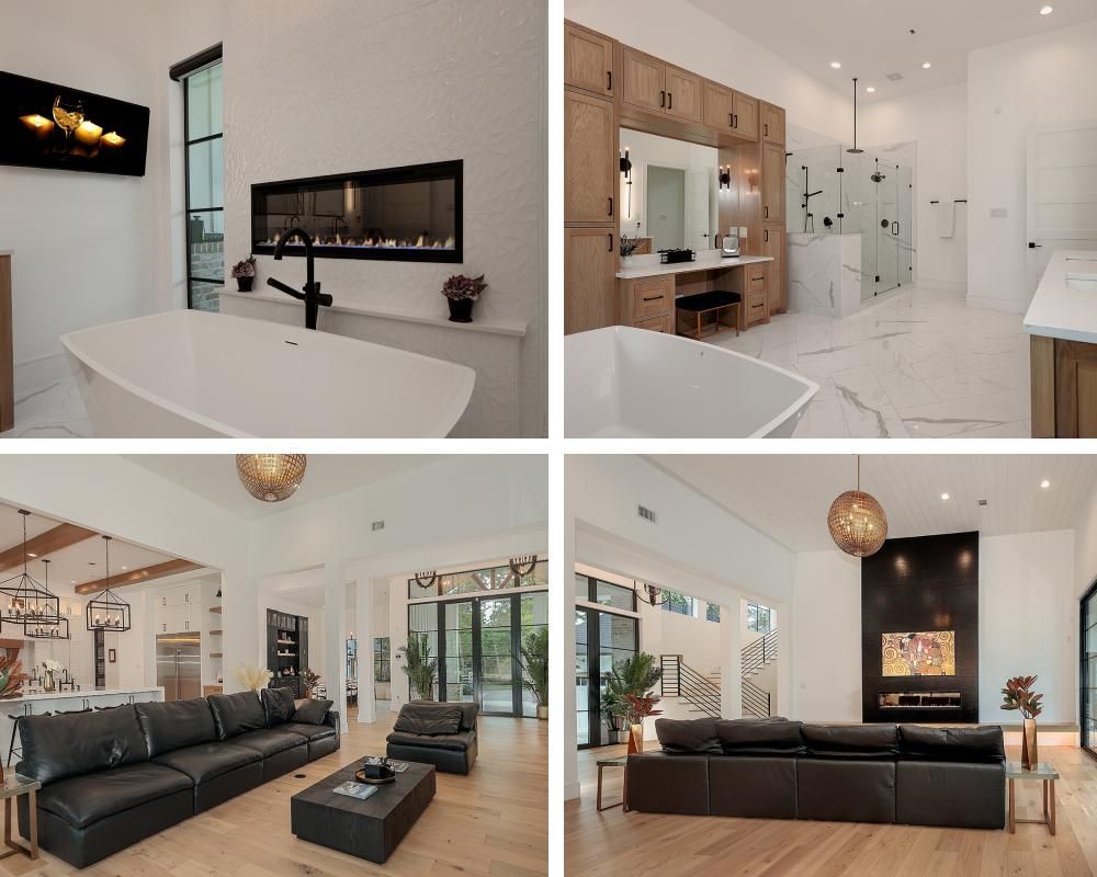 A collage of four pictures of a living room , bathroom , and kitchen.