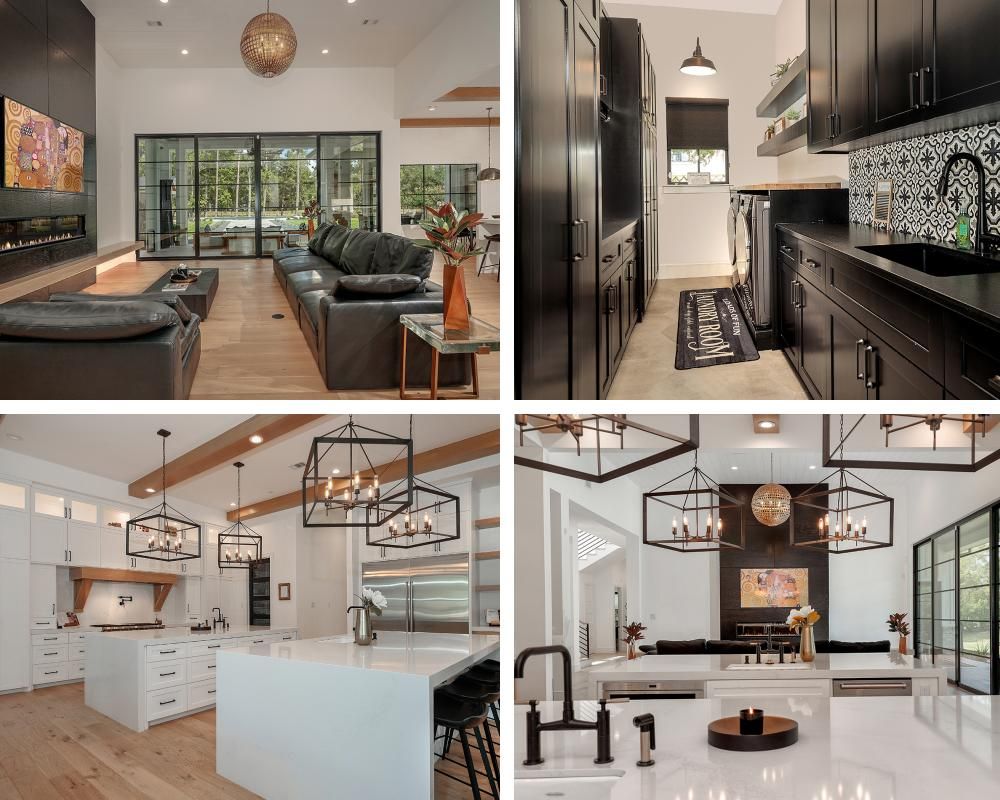 A collage of four pictures of a living room , kitchen , and laundry room.