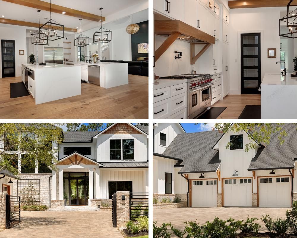 A collage of four pictures of a house with a kitchen and garage.