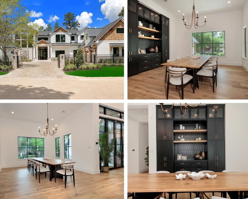 A collage of four pictures of a house with a dining room table and chairs.
