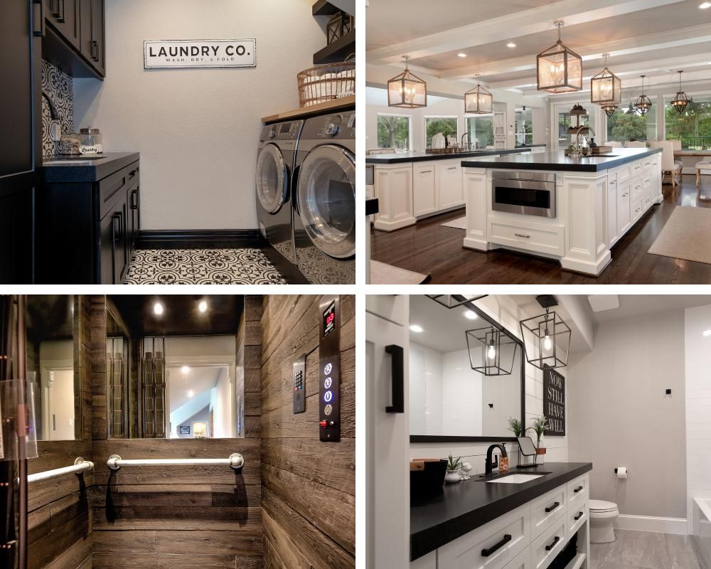 A collage of four pictures of a laundry room , kitchen , bathroom , and island.