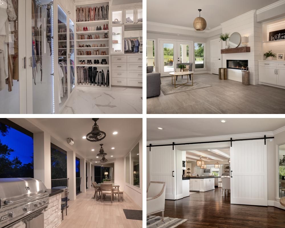 A collage of four pictures of different rooms in a house