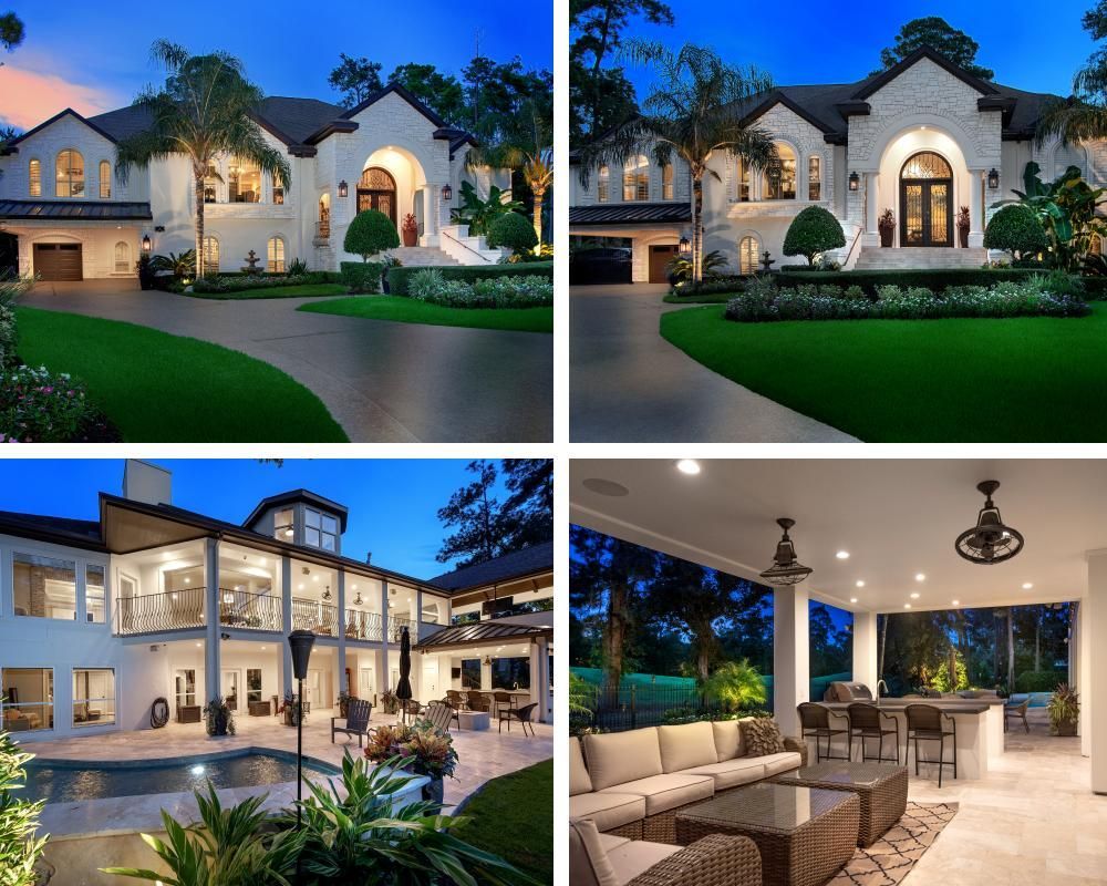 A collage of four pictures of a large house