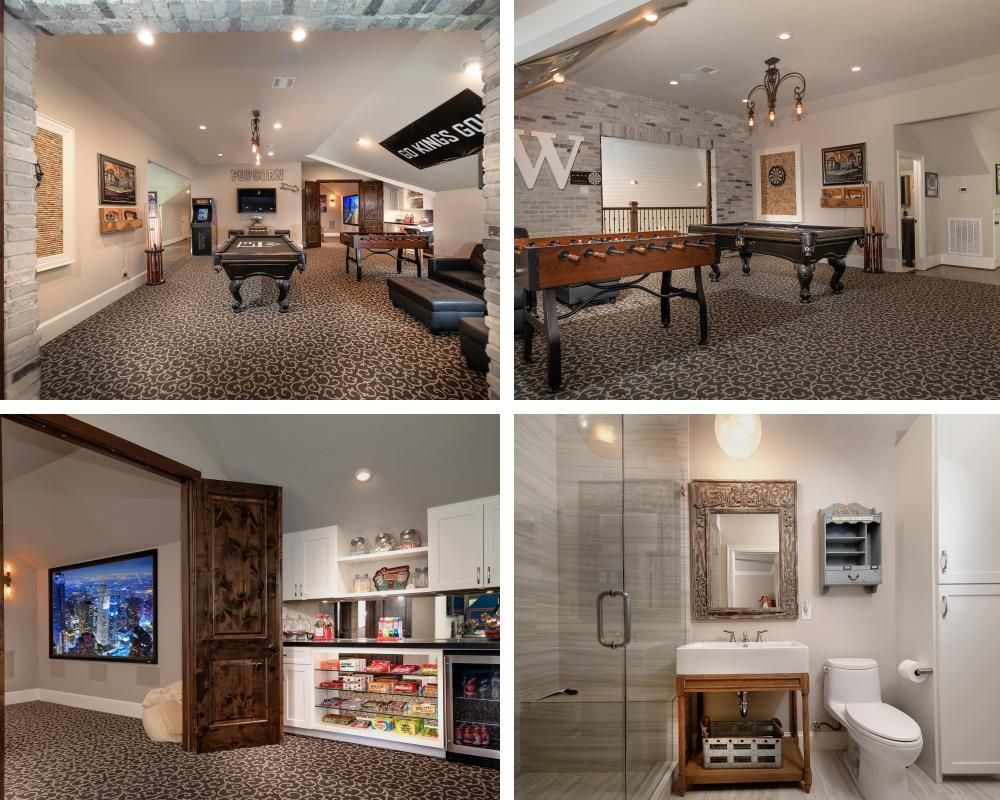 A collage of four pictures of a game room and bathroom