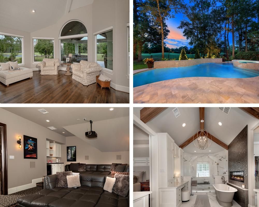 A collage of four pictures of a house including a living room a pool and a bathroom