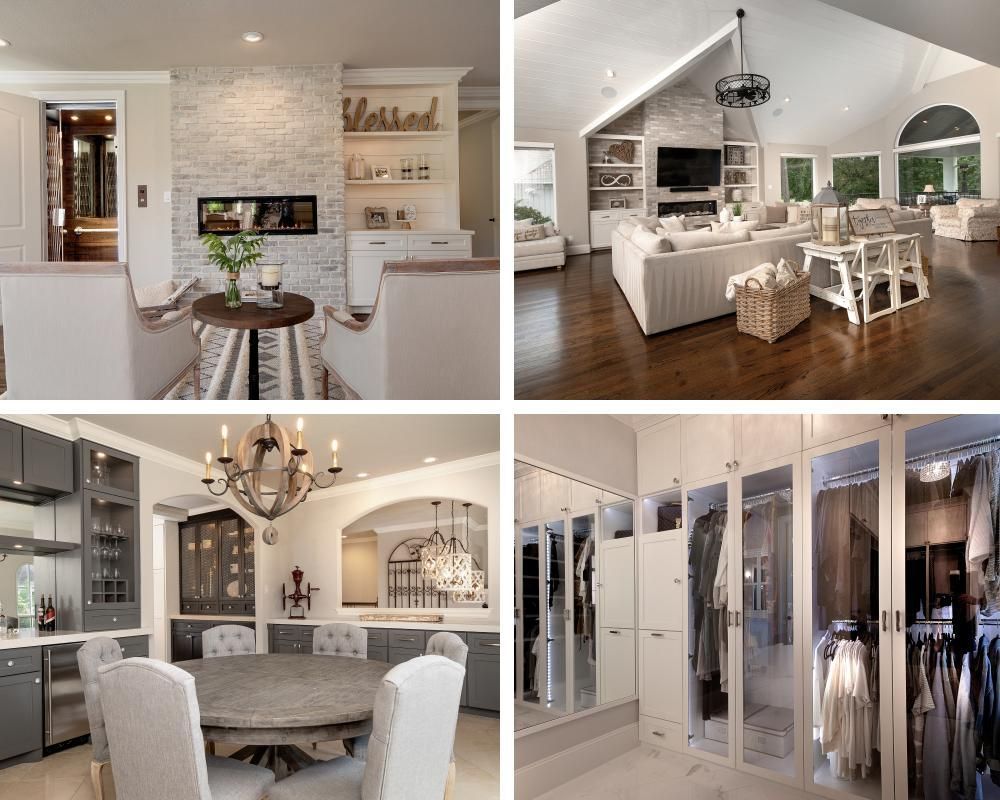 A collage of four pictures of a living room , dining room , kitchen and closet.