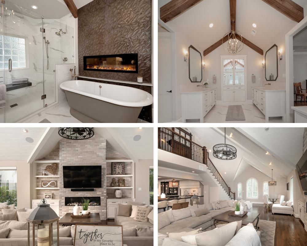 A collage of four pictures of a bathroom , living room , and kitchen.