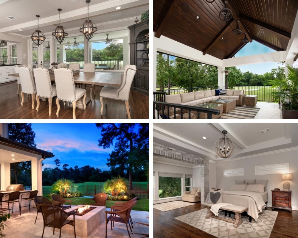 A collage of four pictures of a house including a dining room a living room a bedroom and a patio