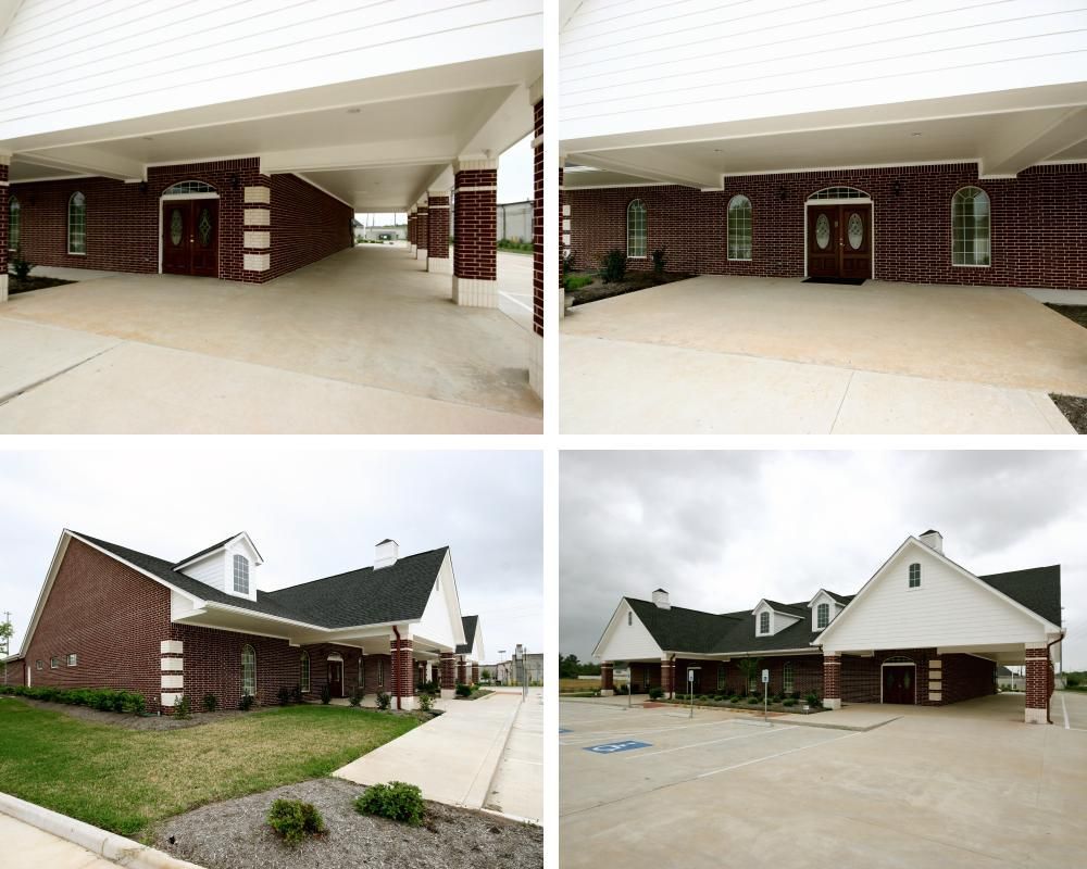 A collage of four pictures of a brick building