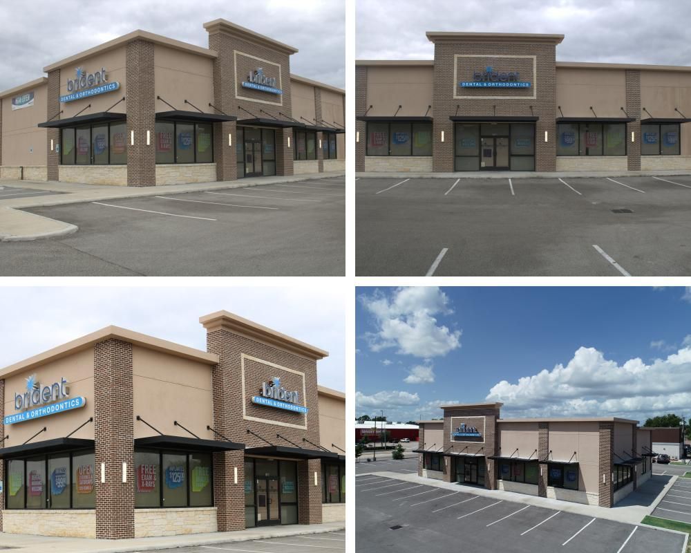 A collage of four pictures of a building with a blue sign on it