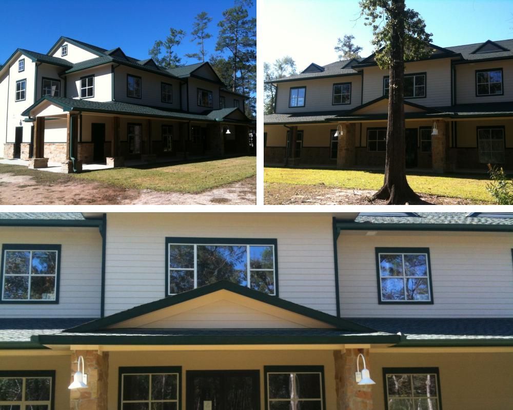 A collage of three pictures of a house with trees in the background