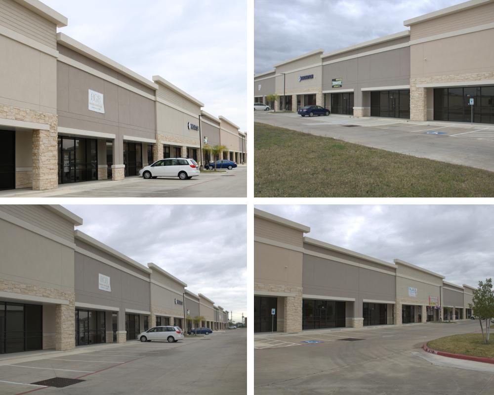 A collage of four pictures of a building with cars parked in front of it