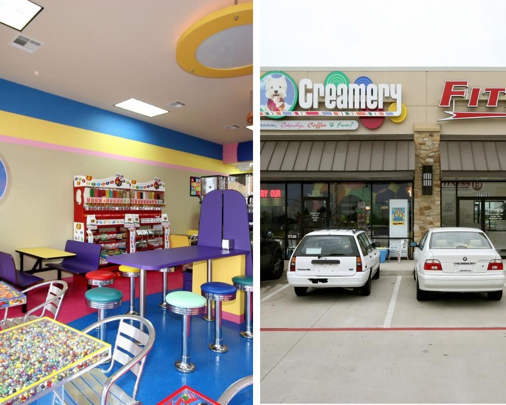 A picture of a creamery with cars parked in front of it