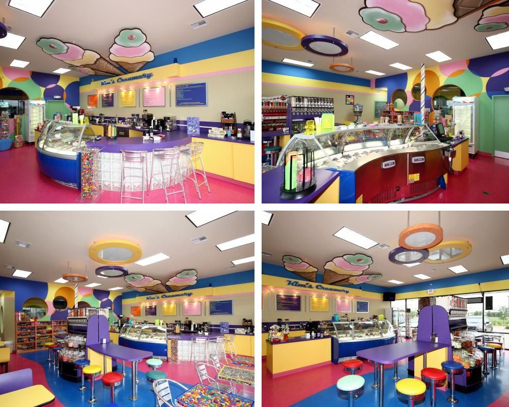 A collage of four pictures of a colorful candy store