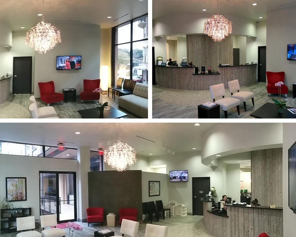 A collage of four pictures of a waiting room