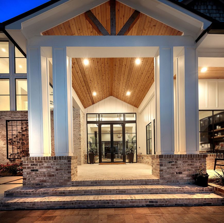 The front of a house with a wooden ceiling