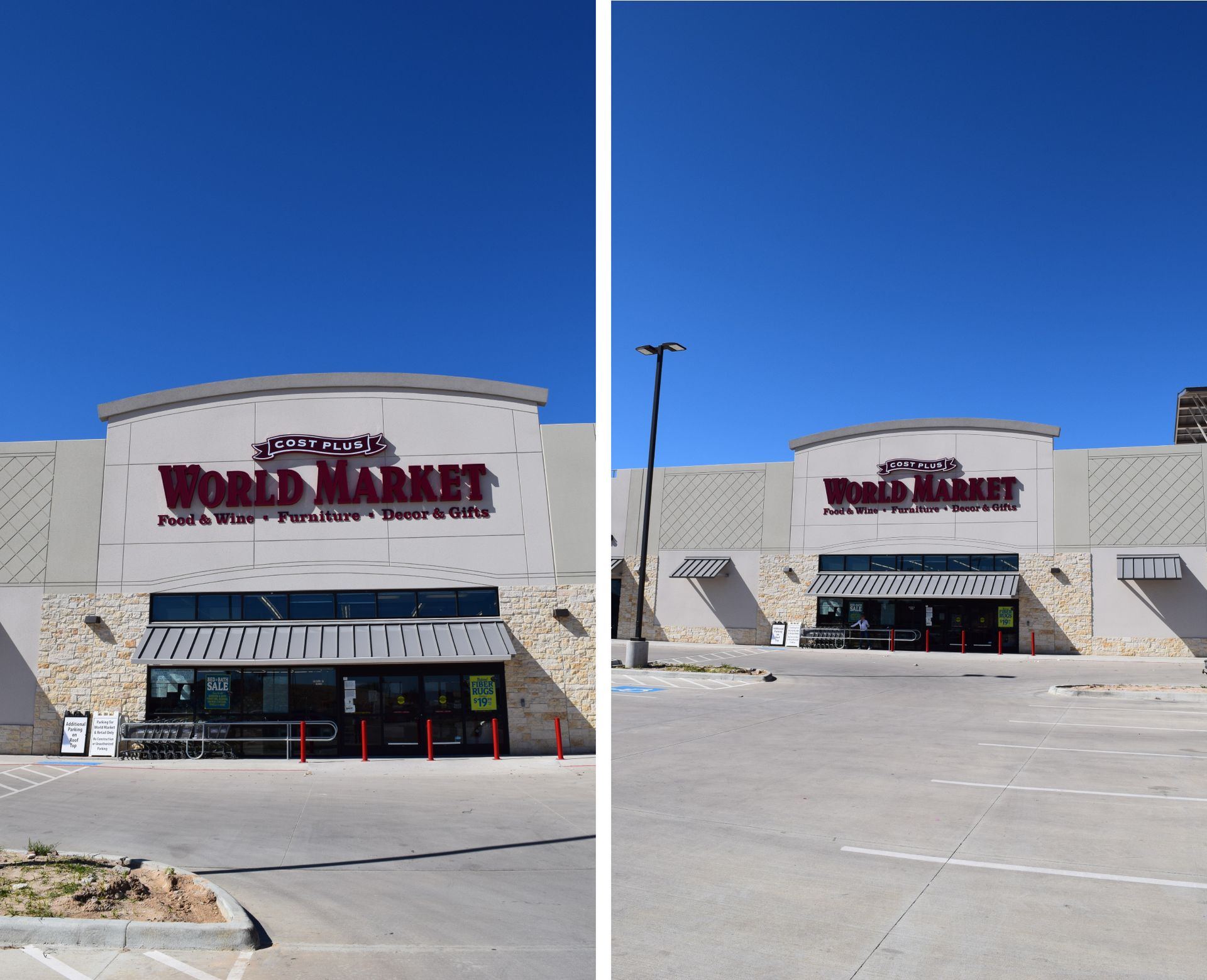 A collage of four pictures of a building with a blue sign on it