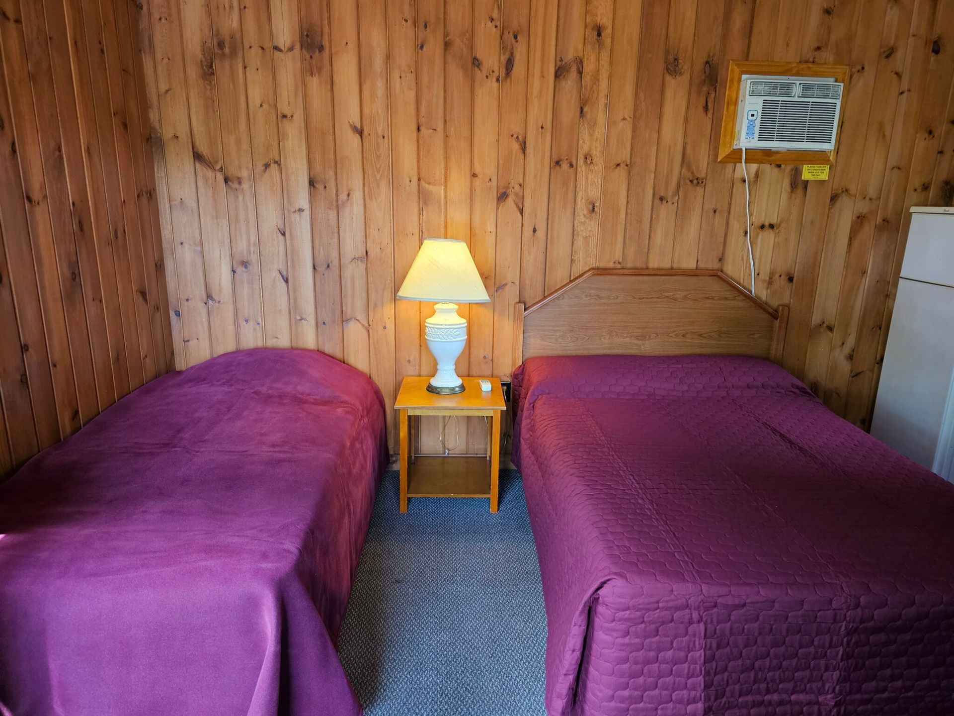 Wood-paneled room with two twin beds, purple quilts, and a lit bedside lamp between them