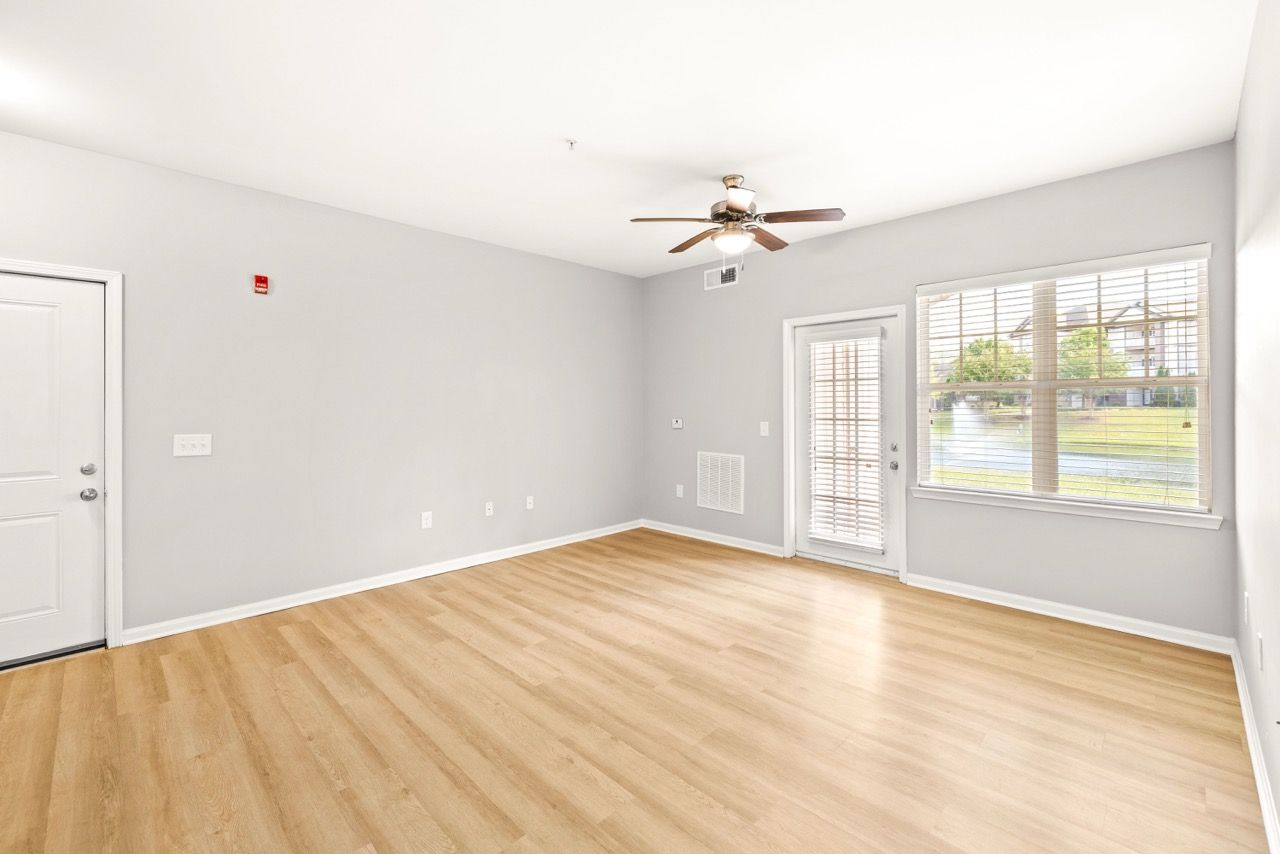 Living room with gray walls, light wood floors, ceiling fan, and a door with a window.