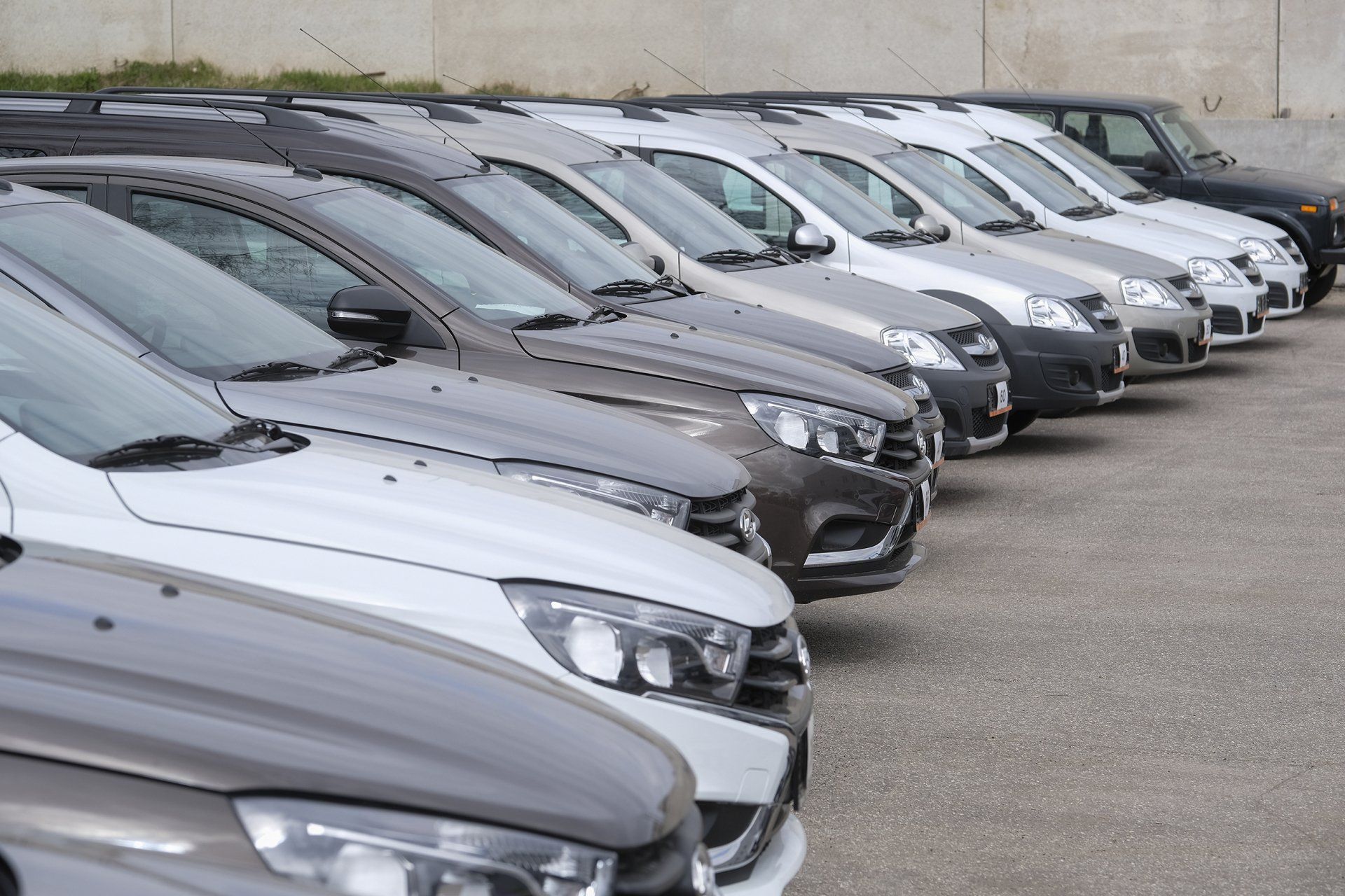 A row of cars are parked in a parking lot.