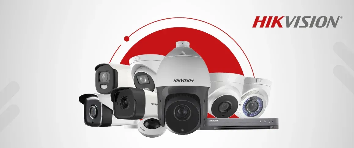 Group of Hikvision security cameras on a white background.— MNC Security in Sawtell, NSW