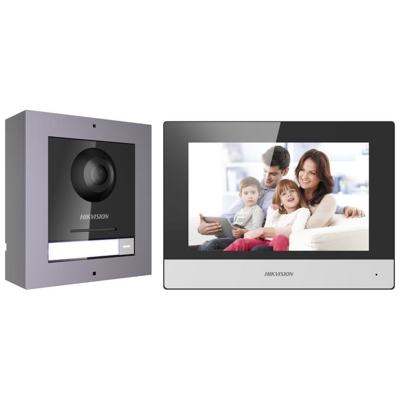 Hikvision video intercom with camera and indoor screen showing a family. — MNC Security in Sawtell, NSW