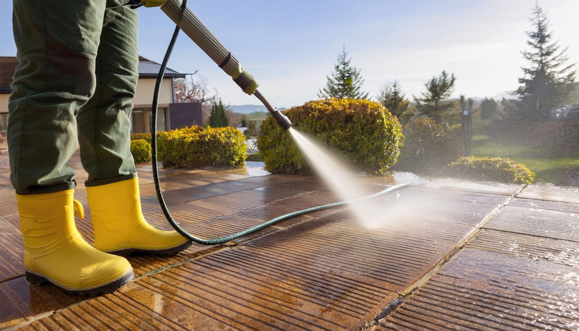 A person is using a high pressure washer to clean a patio.