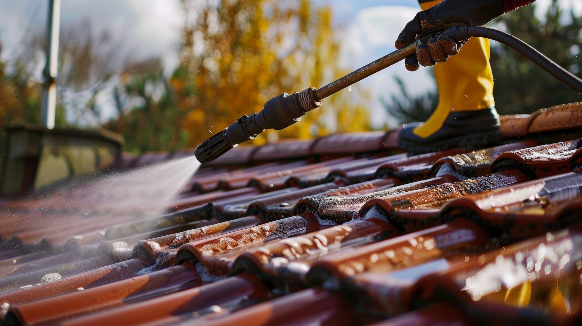 A person is cleaning a tiled roof with a pressure washer.