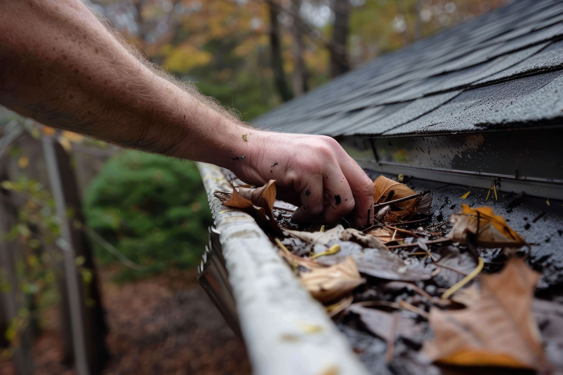 A person is cleaning a gutter of leaves from a roof.