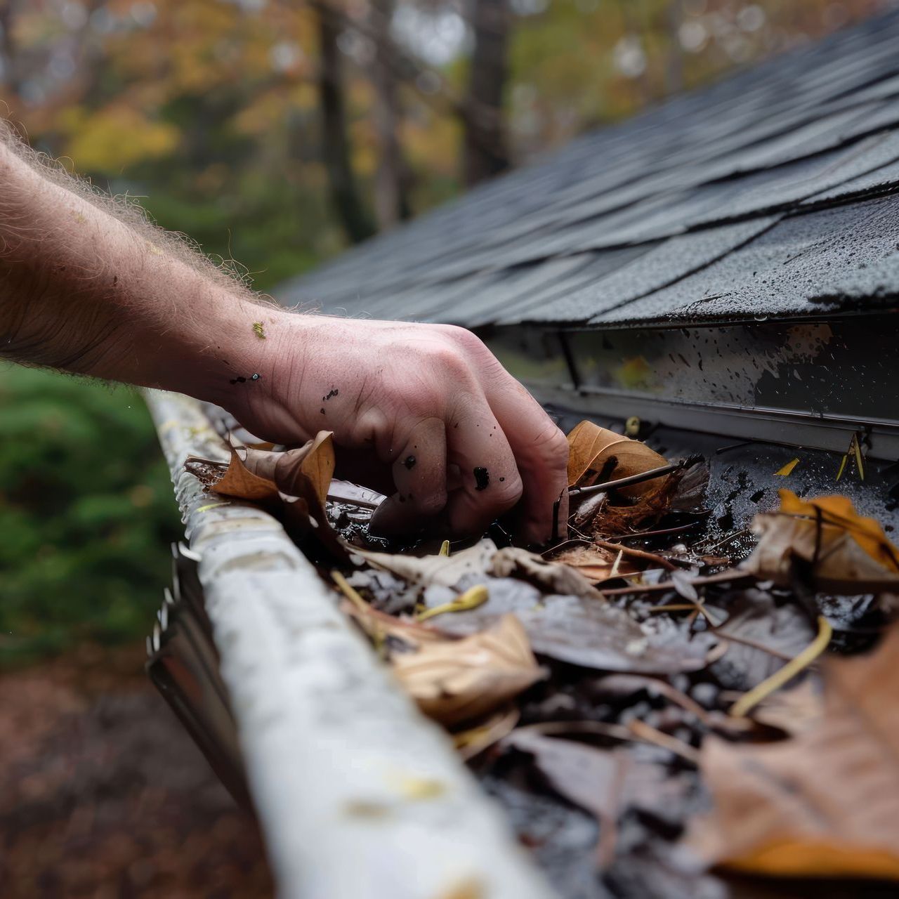 A person is cleaning a gutter of leaves from a roof