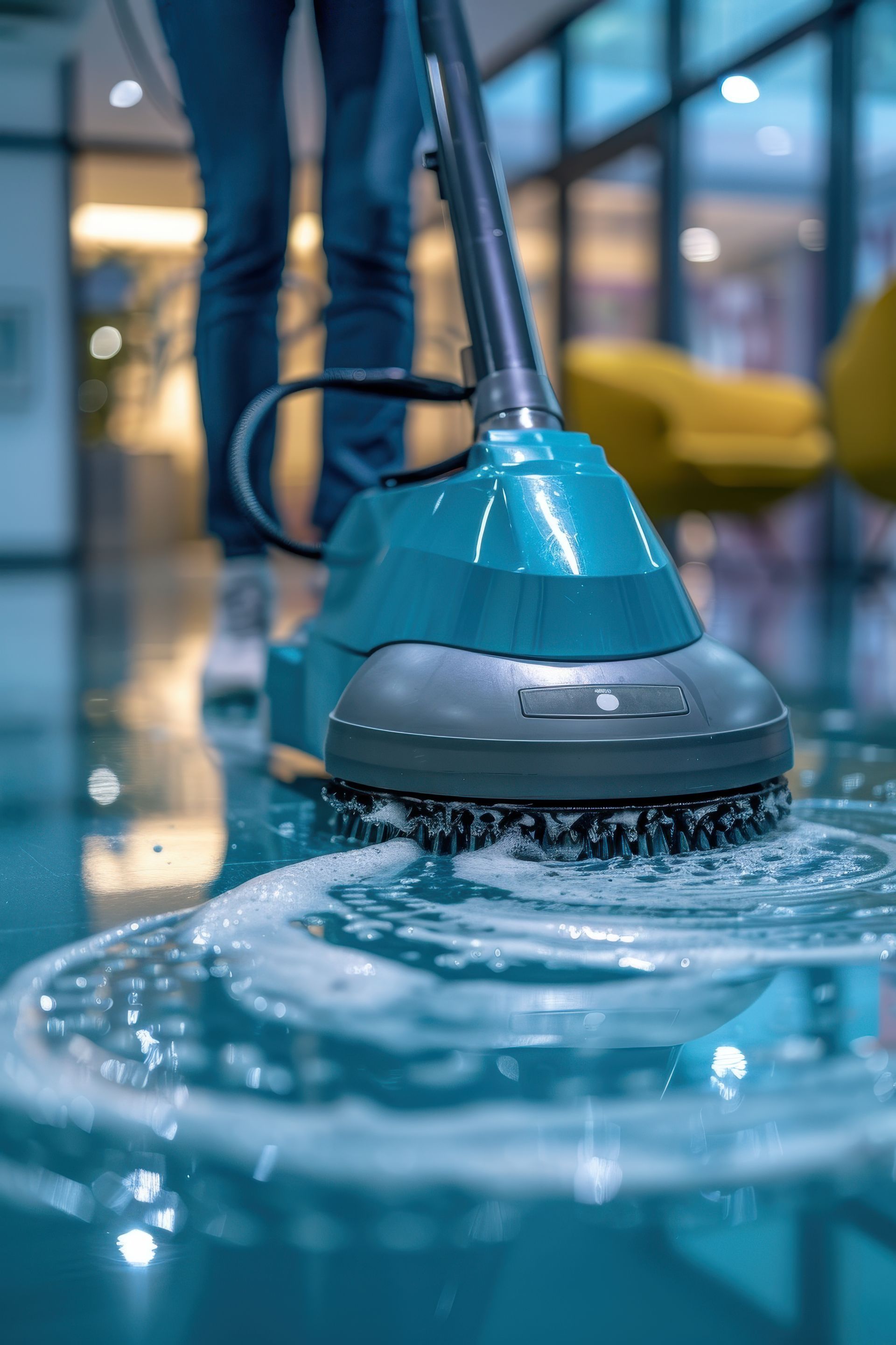 A person is cleaning the floor with a mop.