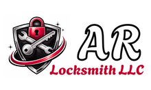 Logo for "AR Locksmith LLC" with a shield, lock, keys, and company initials.