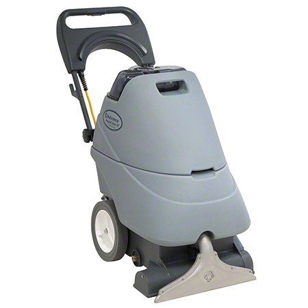 A carpet cleaner with wheels and a handle on a white background.