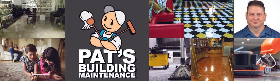 The logo for pat 's building maintenance shows a man holding a hammer