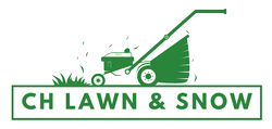 The logo for ch lawn and snow shows a lawn mower cutting grass.