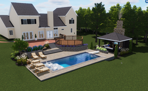 A 3D architectural rendering of a backyard featuring a swimming pool, patio, wooden deck, and a pavilion with a fireplace.