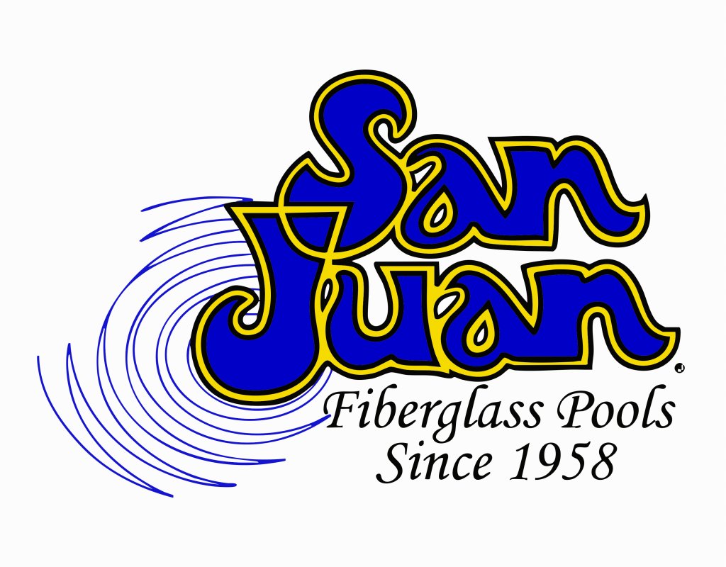 Logo for San Juan Fiberglass Pools, featuring blue stylized text with yellow outlines and graphic water ripples.