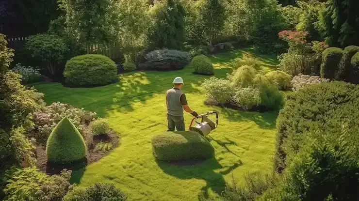 A gardener in a white hat uses a powered tool to trim a lush, green lawn in a manicured garden with sculpted shrubs.