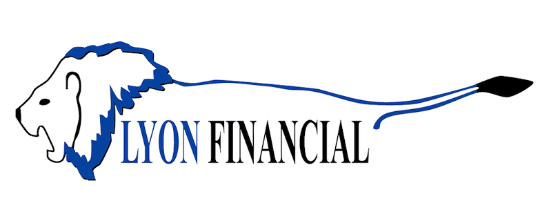 The Lyon Financial logo, featuring a stylized blue and white lion head silhouette with a trailing tail above the company name.