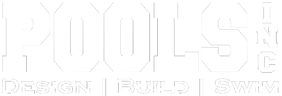 White logo for Pools Inc. featuring the text "Design | Build | Swim" below the name.