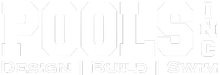 White logo for Pools Inc. featuring the text "Design | Build | Swim" below the name.