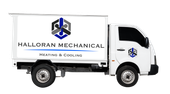 A white truck with the words halloran mechanical heating and cooling on the side.