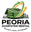 Peoria Dumpster Rental logo with green dumpster, circular arrows, skyline, and tagline βReliable. Local. Affordable.β