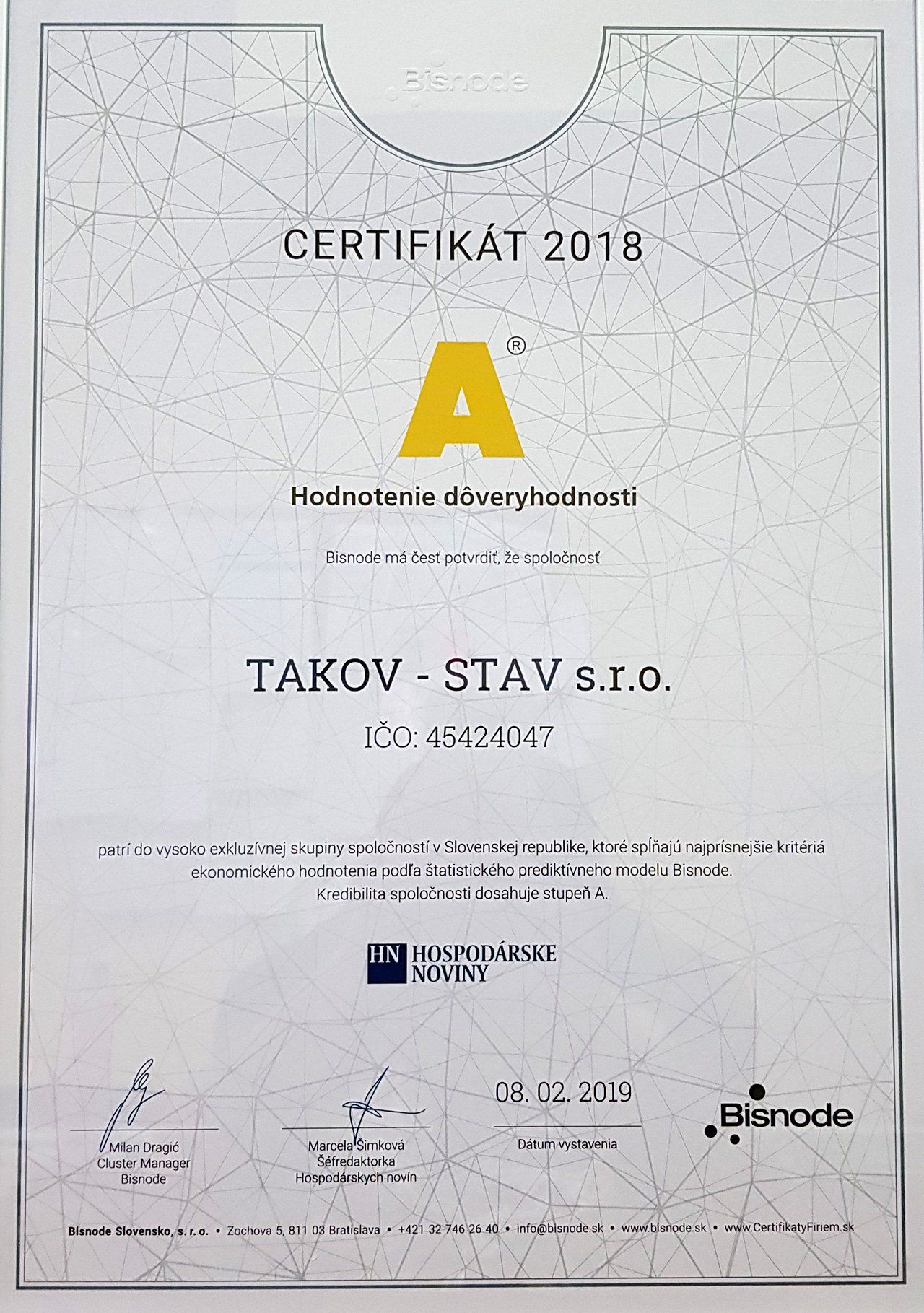 Certifikát dôveryhodnosti 2018